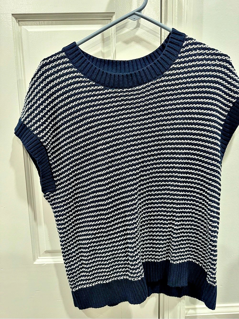 PrettyGarden Women's Striped Short Sleeve Sweater Vest Blue & White Medium